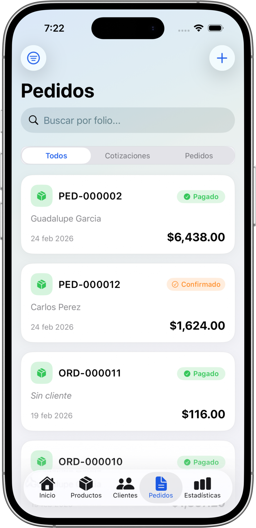 Pantalla de pedidos de la aplicación MiStock en un iPhone